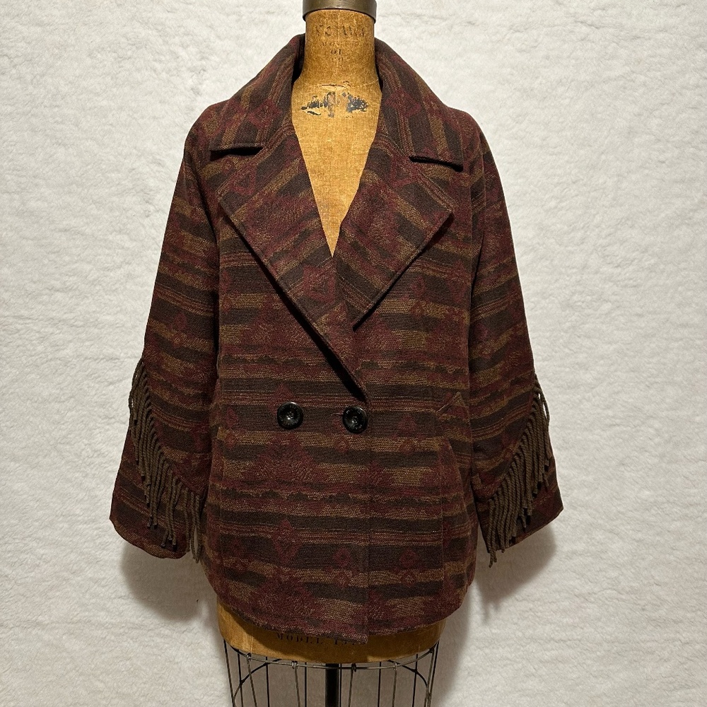 NWT Sam Edelman Ikat Print Fringed Double-breasted Coat - size L